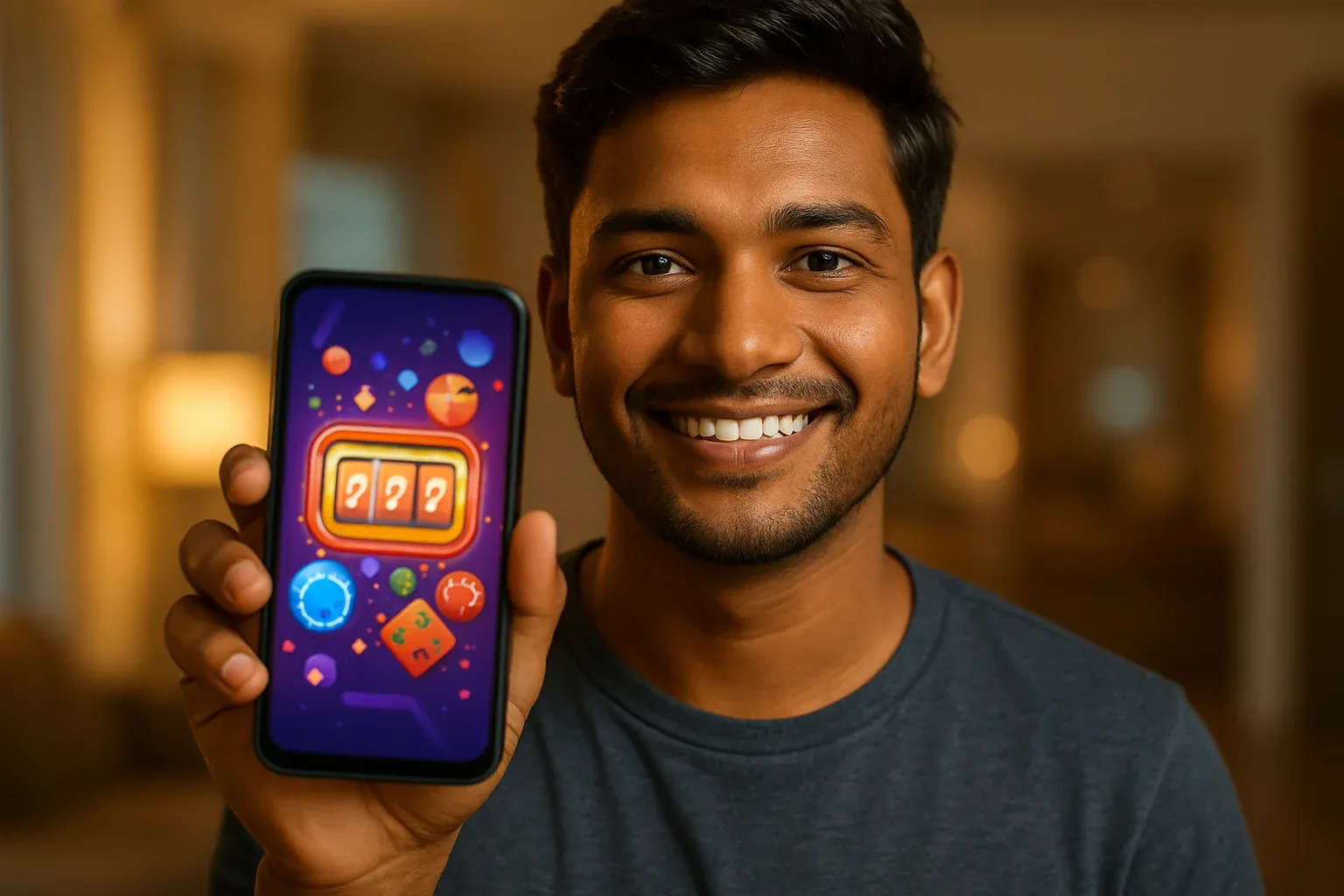 Young Bangladeshi man holding smartphone showing glowing colorful casino app interface