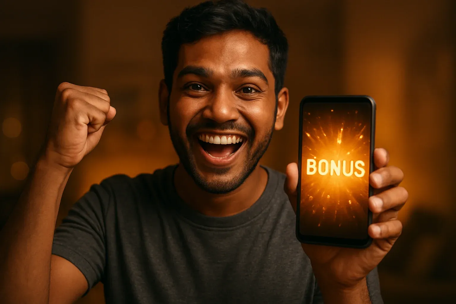 Joyful young Bangladeshi man celebrating with smartphone showing glowing bonus notification