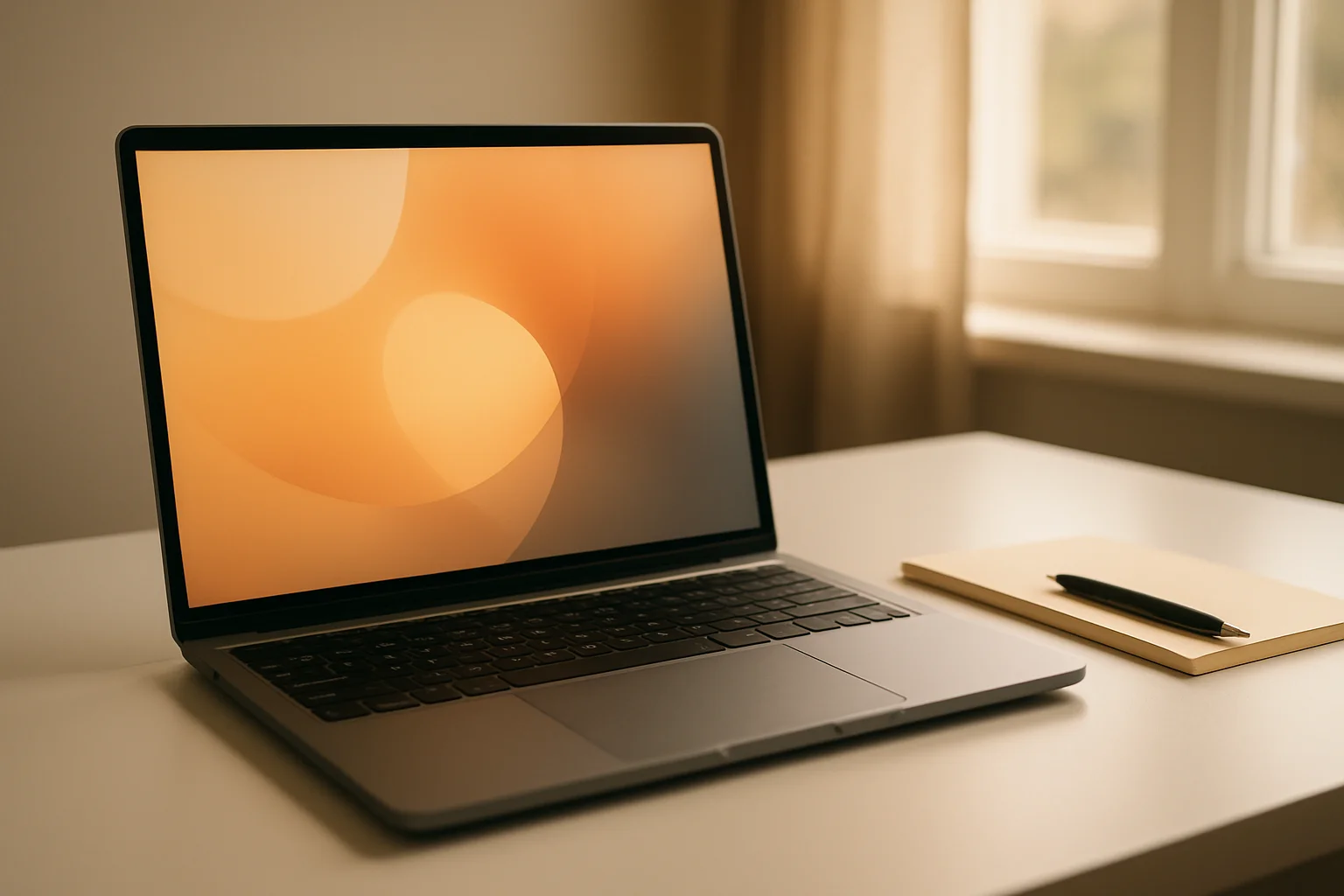 Modern laptop on white desk with abstract glowing screen in daylight
