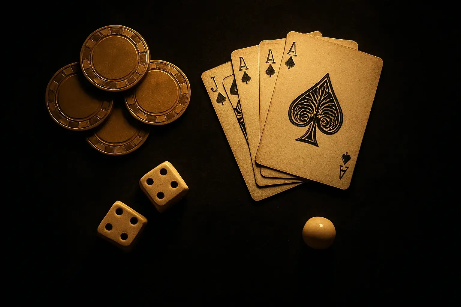 Top-down dark velvet casino scene with gold chips, cards, dice, roulette ball