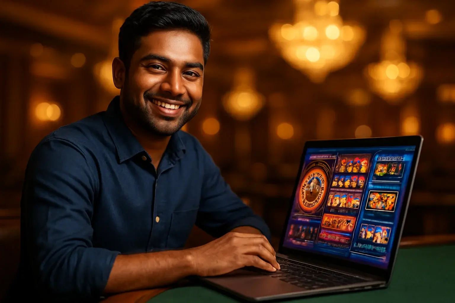 Cheerful Bangladeshi man smiling at open laptop with glowing casino interface