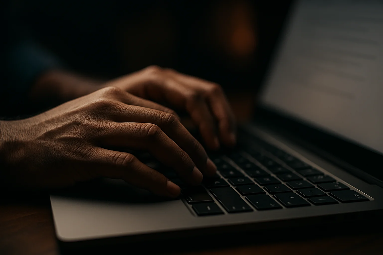 Close-up of Bangladeshi hands typing on laptop keyboard in low light