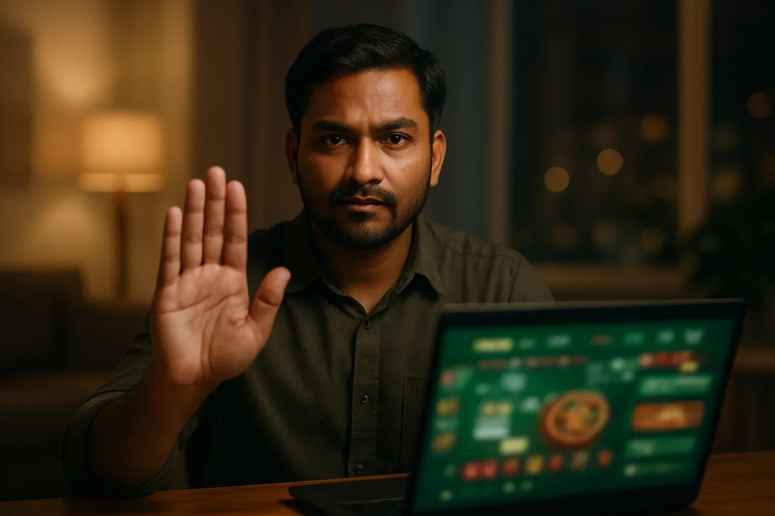 Confident Bangladeshi man shows stop gesture by laptop with blurred casino interface