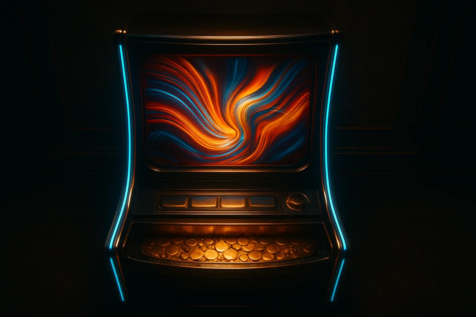 Hyperrealistic premium slot machine in dark luxury setting with neon lighting